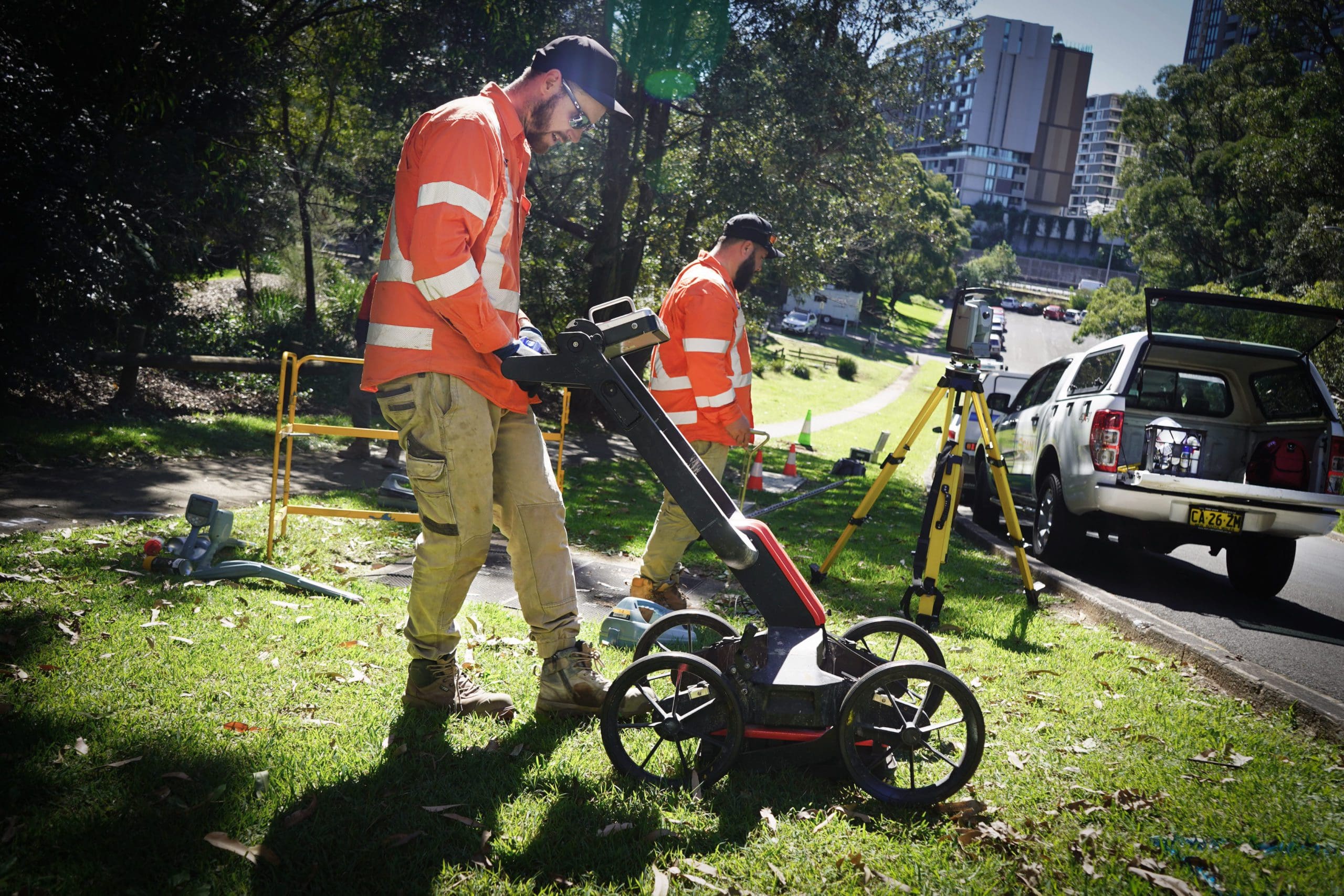 Smartscan technicians running a GPR cart to locate non-metallic services